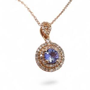 Double Diamond Halo Tanzanite Pendant Necklace 10k Rose Gold 18 inch Chain